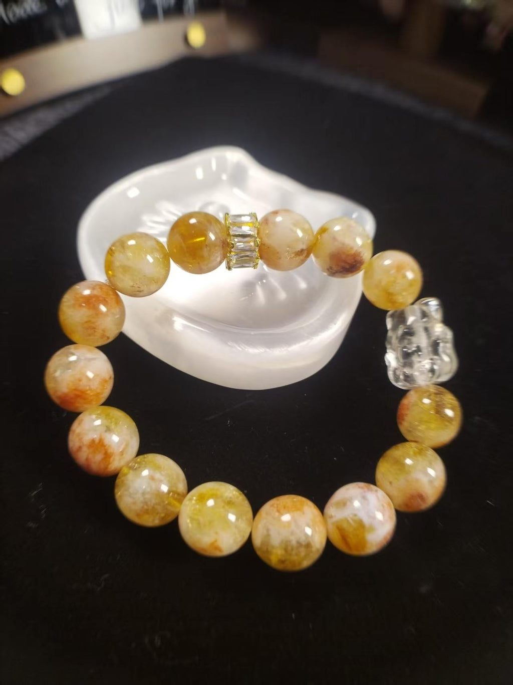 Natural Milky Citrine Beaded Bracelet, Clear Quartz Pixiu Charm, Healing Crystal Jewelry for Abundance & Good Luck