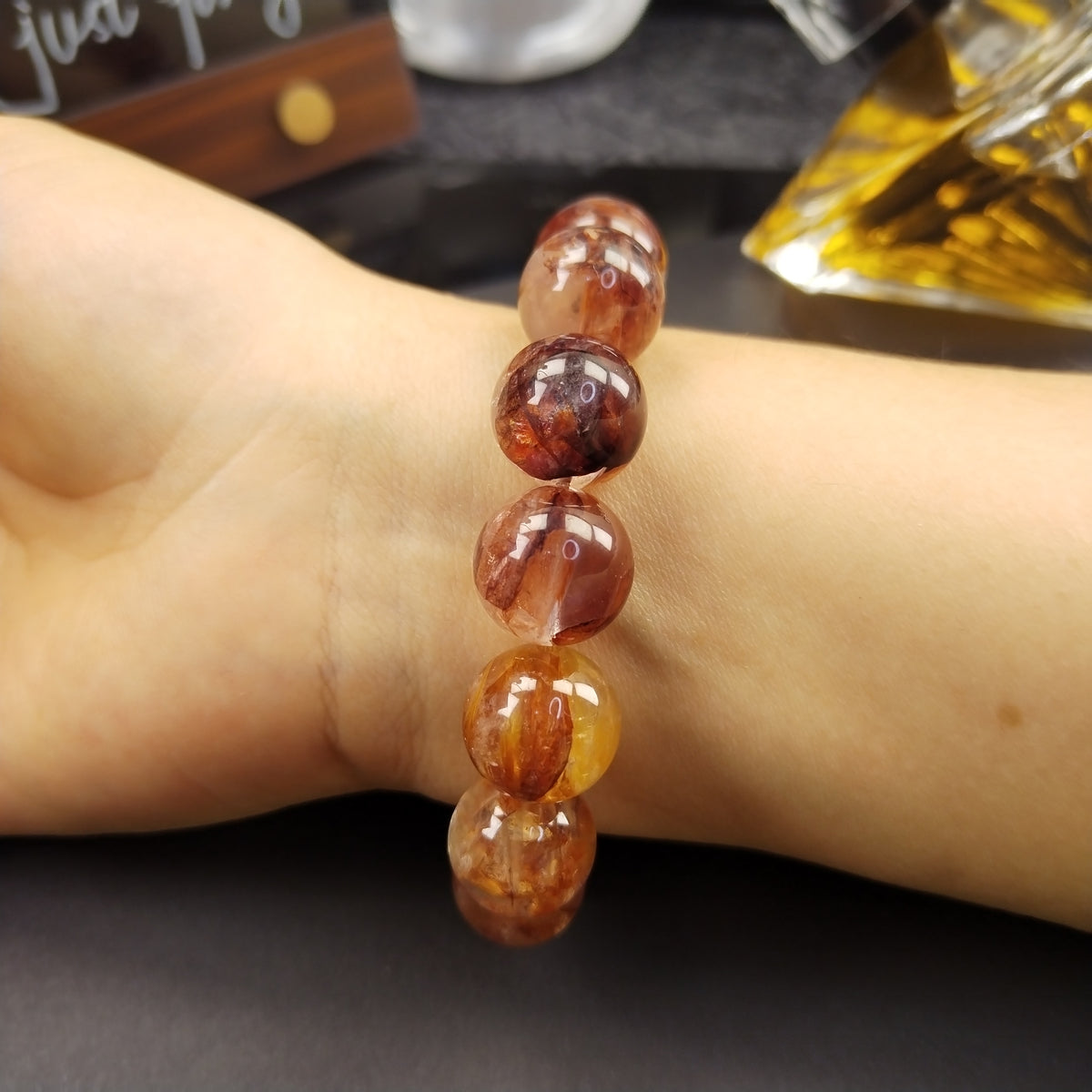 Natural Red Phantom Quartz Bracelet, Red Amphibole Quartz Fire Quartz Beaded Bracelet, Root Chakra Grounding & Protection Healing Crystal Bracelet, Unisex Crystal Gift