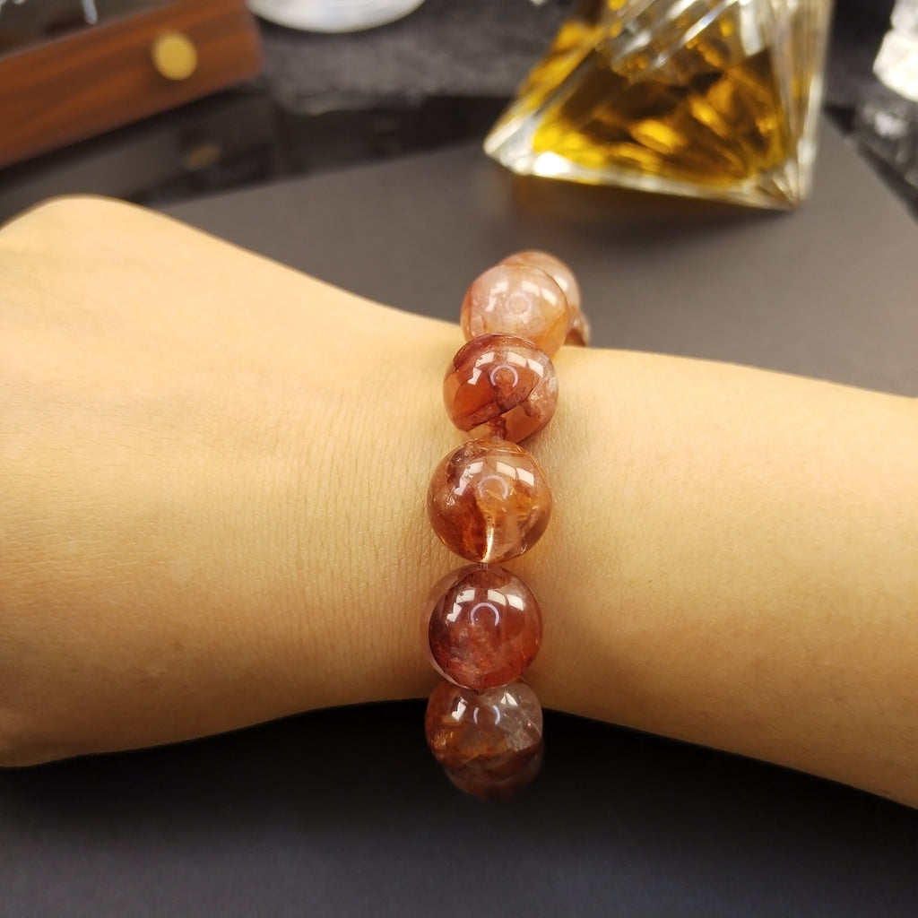 Natural Red Phantom Quartz Bracelet, Red Amphibole Quartz Fire Quartz Beaded Bracelet, Root Chakra Grounding & Protection Healing Crystal Bracelet, Unisex Crystal Gift