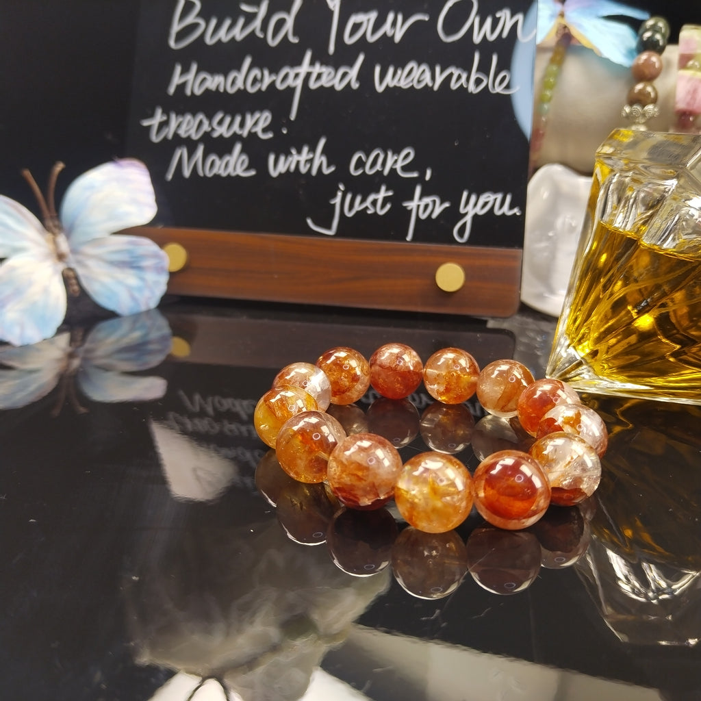 Natural Red Phantom Quartz Bracelet, Red Amphibole Quartz Fire Quartz Beaded Bracelet, Root Chakra Grounding & Protection Healing Crystal Bracelet, Unisex Crystal Gift