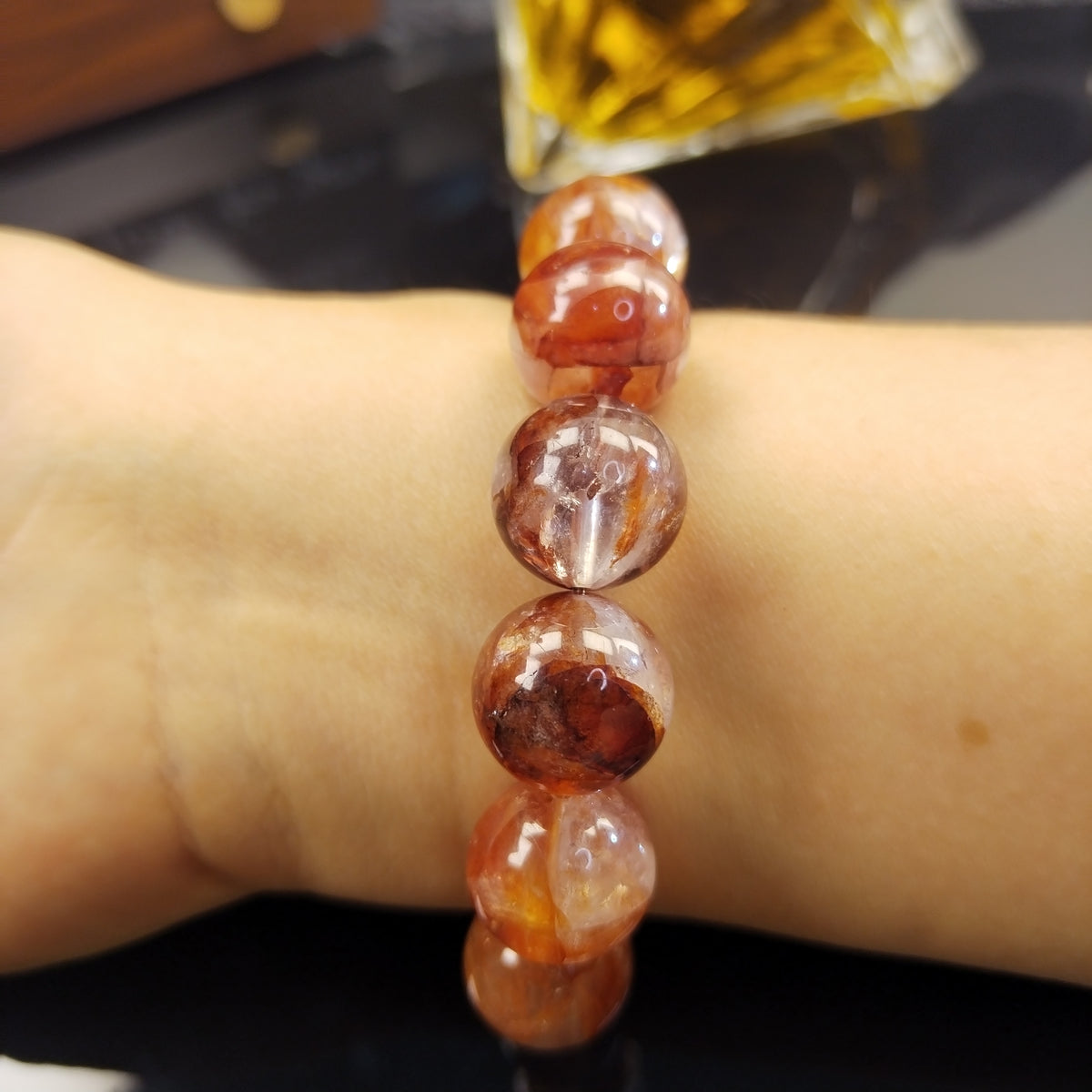 Natural Red Phantom Quartz Bracelet, Red Amphibole Quartz Fire Quartz Beaded Bracelet, Root Chakra Grounding & Protection Healing Crystal Bracelet, Unisex Crystal Gift