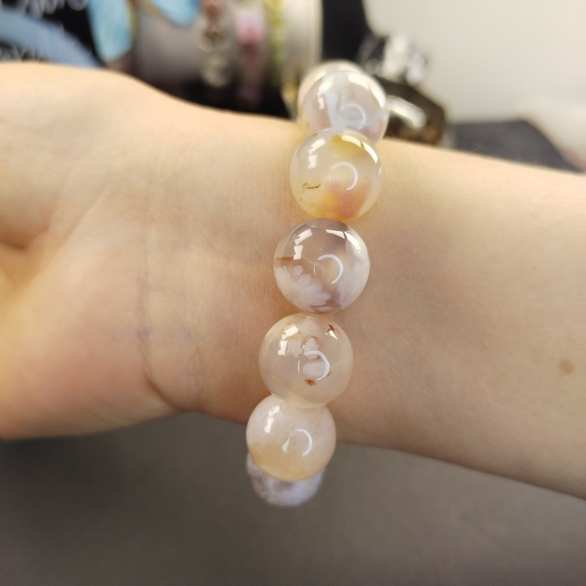 Natural Flower Agate Bracelet, Cherry Blossom Agate Beaded Bracelet, Sakura Agate Healing Crystal Bracelet for Soft Manifestation & Emotional Healing, Unisex Crystal Gift