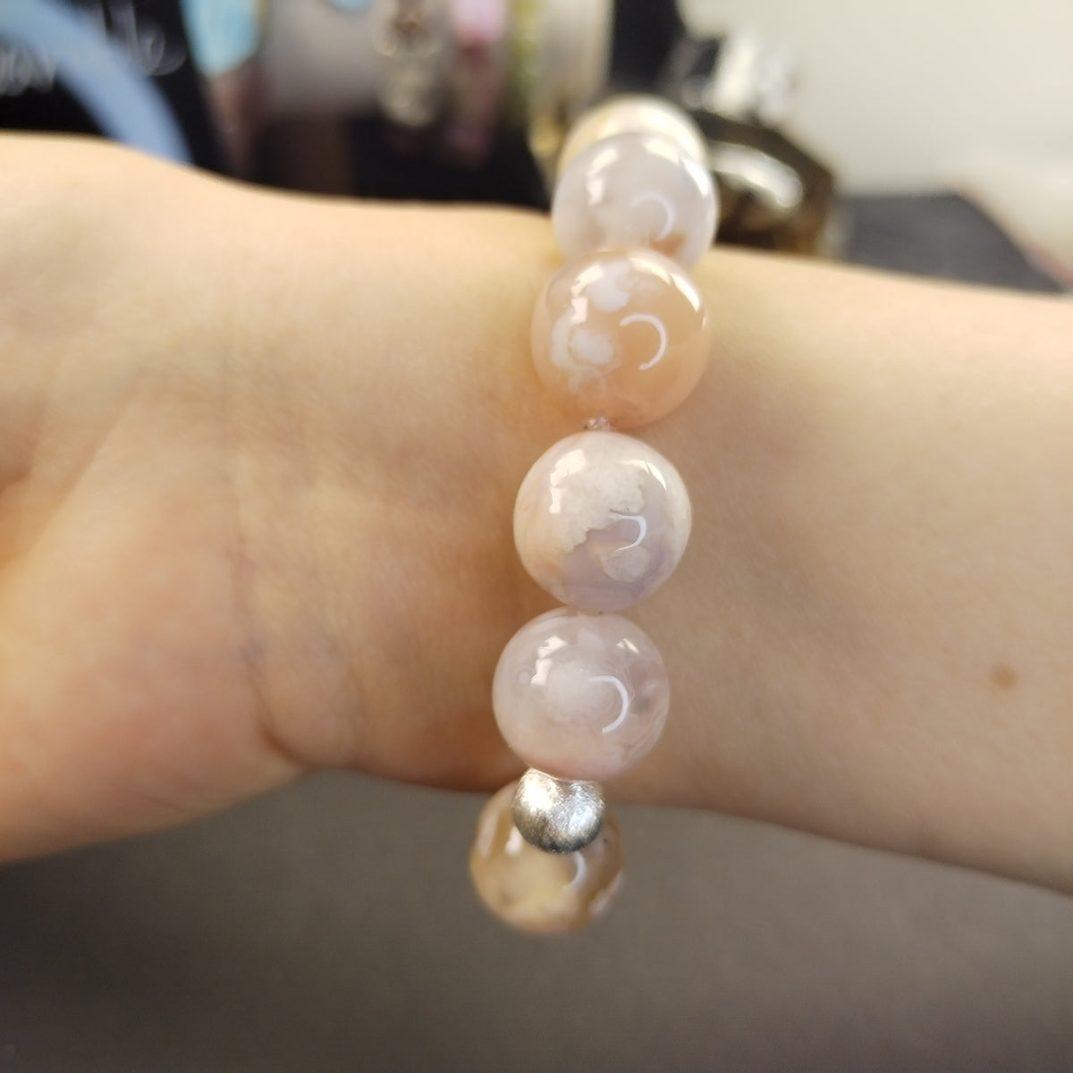 Natural Flower Agate Bracelet, Cherry Blossom Agate Beaded Bracelet, Sakura Agate Healing Crystal Bracelet for Soft Manifestation & Emotional Healing, Unisex Crystal Gift
