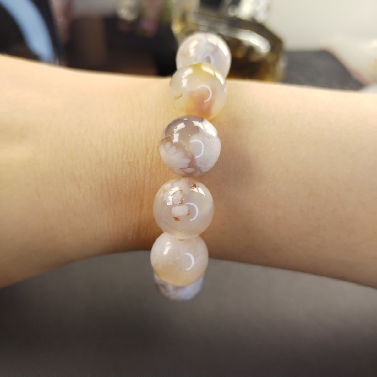 Natural Flower Agate Bracelet, Cherry Blossom Agate Beaded Bracelet, Sakura Agate Healing Crystal Bracelet for Soft Manifestation & Emotional Healing, Unisex Crystal Gift