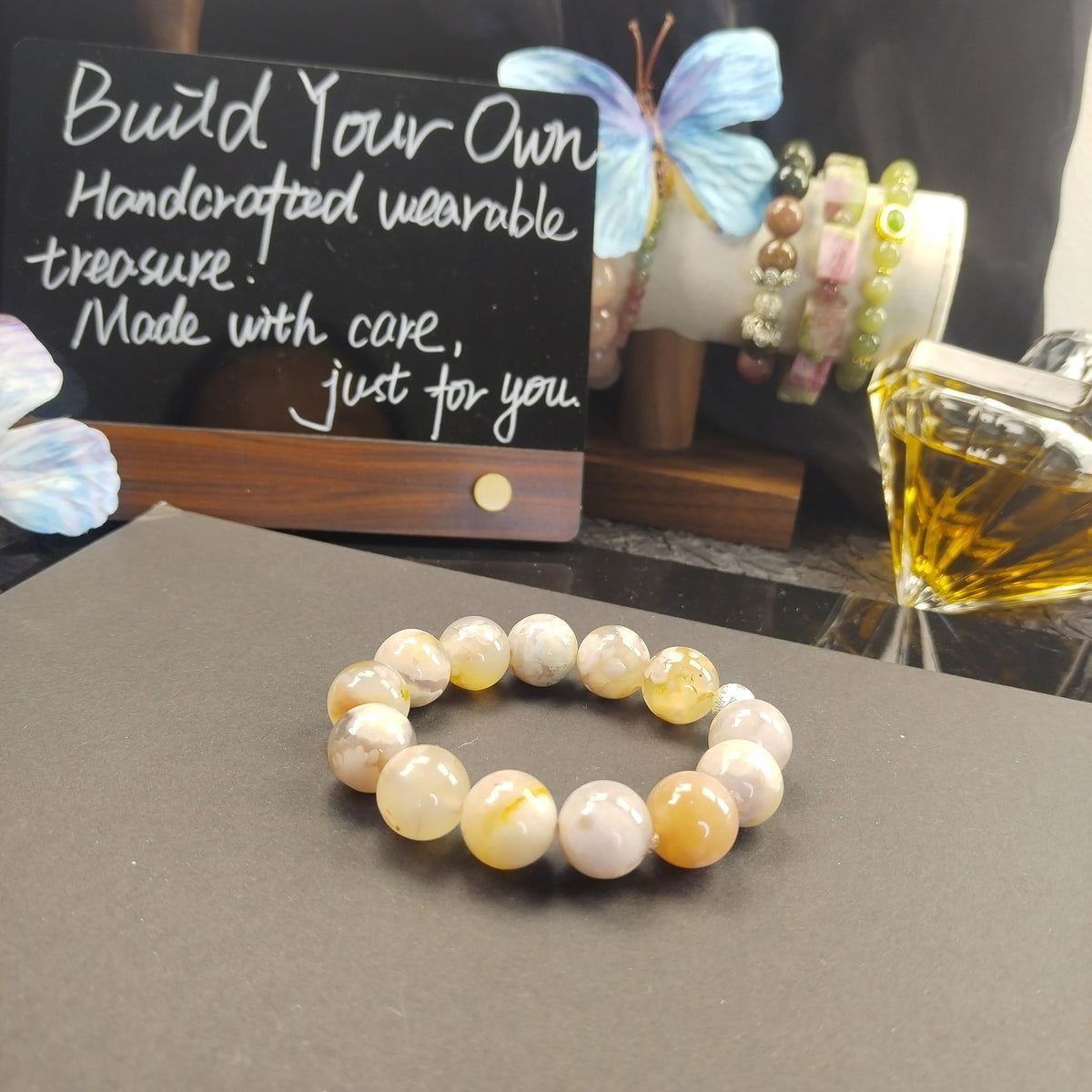 Natural Flower Agate Bracelet, Cherry Blossom Agate Beaded Bracelet, Sakura Agate Healing Crystal Bracelet for Soft Manifestation & Emotional Healing, Unisex Crystal Gift