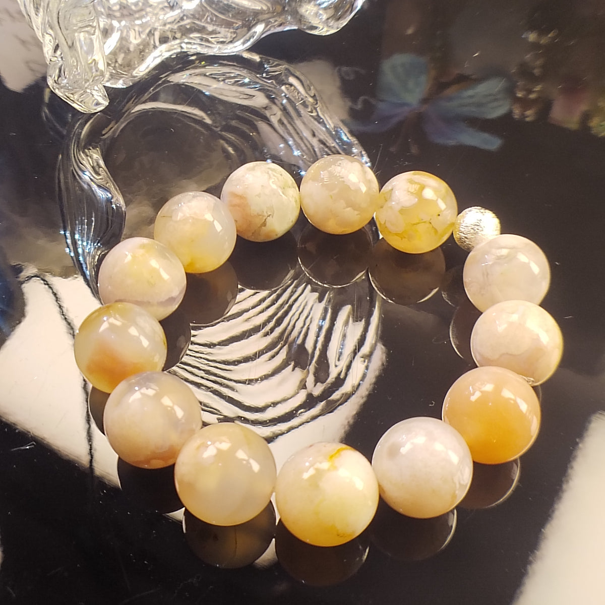 Natural Flower Agate Bracelet, Cherry Blossom Agate Beaded Bracelet, Sakura Agate Healing Crystal Bracelet for Soft Manifestation & Emotional Healing, Unisex Crystal Gift