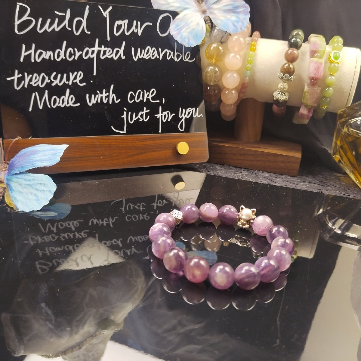 Natural Lilac Kunzite Beaded Bracelet, Kunzite Crystal Bracelet with Fox Charm, Heart Chakra Emotional Healing Crystal Bracelet, Self Love Calming Crystal Jewelry Gift for Her