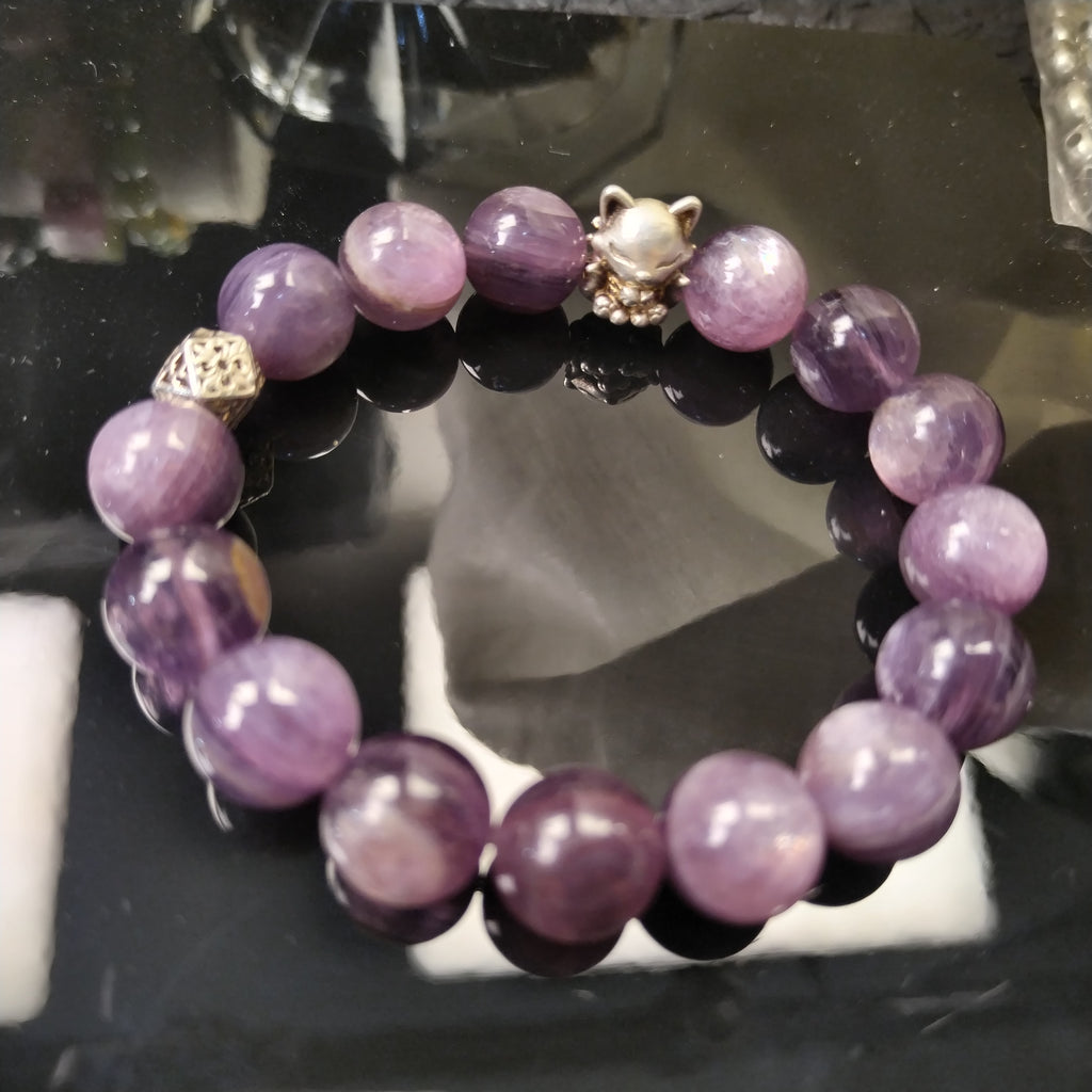 Natural Lilac Kunzite Beaded Bracelet, Kunzite Crystal Bracelet with Fox Charm, Heart Chakra Emotional Healing Crystal Bracelet, Self Love Calming Crystal Jewelry Gift for Her
