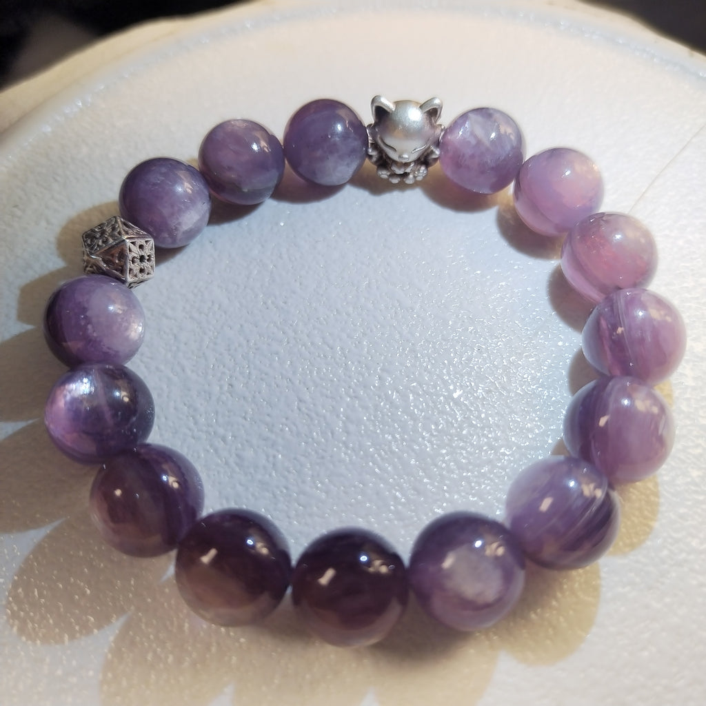 Natural Lilac Kunzite Beaded Bracelet, Kunzite Crystal Bracelet with Fox Charm, Heart Chakra Emotional Healing Crystal Bracelet, Self Love Calming Crystal Jewelry Gift for Her