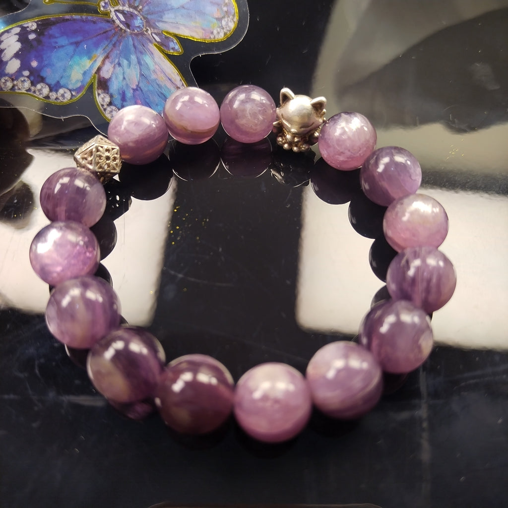 Natural Lilac Kunzite Beaded Bracelet, Kunzite Crystal Bracelet with Fox Charm, Heart Chakra Emotional Healing Crystal Bracelet, Self Love Calming Crystal Jewelry Gift for Her